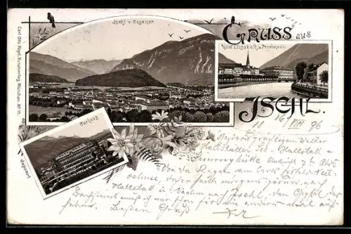 Lithographie Ischl, Panorama, Kurhaus und Hotel Elisabeth m. Promenade