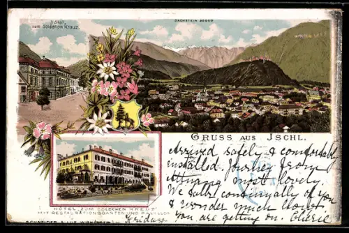 Lithographie Ischl, Hotel zum goldenen Kreuz, Strassenpartie, Teilansicht mit Dachstein