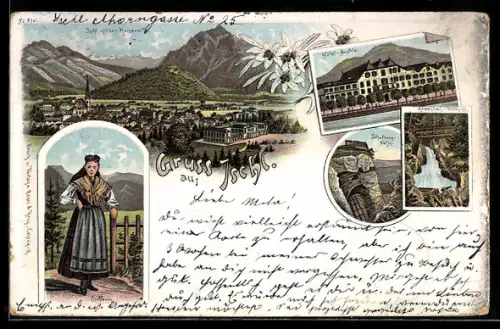 Lithographie Ischl, Hotel Austria, Schafbergbahn, Ischlerin