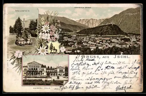 Lithographie Ischl, Teilansicht mit Dachstein, Kaiserliche Villa, Kreuzstein