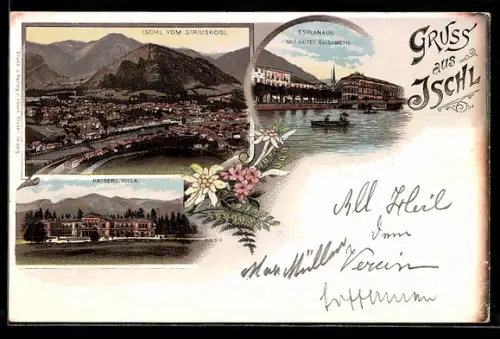 Lithographie Ischl, Esplanade mit Hotel Elisabeth, Kaiserliche Villa, Gesamtansicht vom Siriuskogel