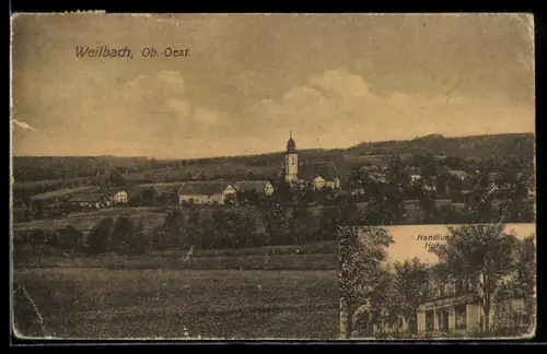 AK Weilbach /Ob.-Oest., Handlung Hofer, Teilansicht mit Kirche