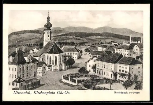 Künstler-AK Utzenaich /Ob.-Oe., Kirchenplatz mit Kirche
