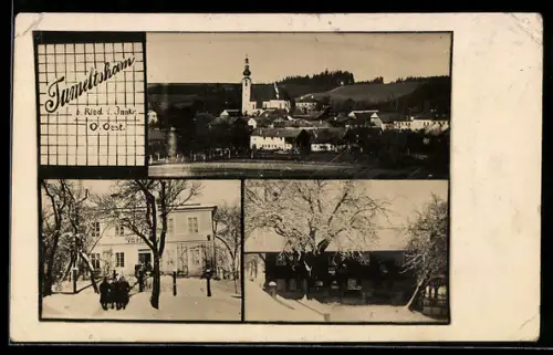 AK Tumeltsham, Gesamtansicht der Stadt, Blick zum Gasthaus