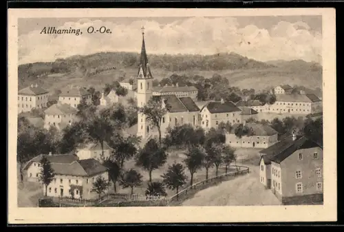 Künstler-AK Allhaming /O.-Oe., Strassenpartie mit Kirche
