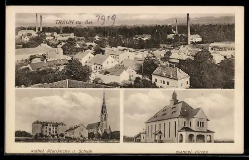 AK Traun /Ob.-Öst., Teilansicht, Katholische Pfarrkirche und Schule, Evangelische Kirche