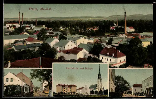 AK Traun /Ob.-Öst., Teilansicht, Pfarrkirche und Schule, Strassenpartie