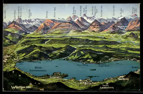 Künstler-AK Maria Wörth /Wörthersee, Ortsansicht mit Militär-Schwimmschule, Pörschach und Velden, Bergpanorama mit Obir
