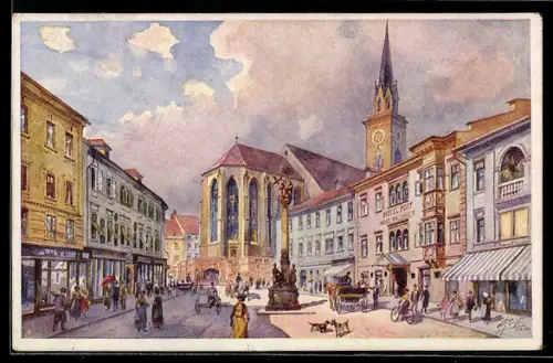 Künstler-AK Villach, Treiben auf dem Hauptplatz, Pferdekutsche, Kirche