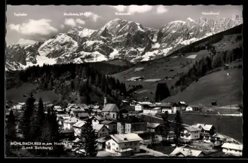 AK Mühlbach am Hochkönig, Teilansicht mit Kirche, Wetterwand, Manndlwand und Taghaube