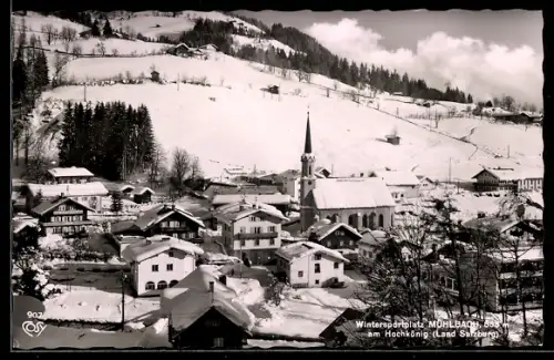 AK Mühlbach am Hochkönig, Teilansicht mit Kirche im Schnee