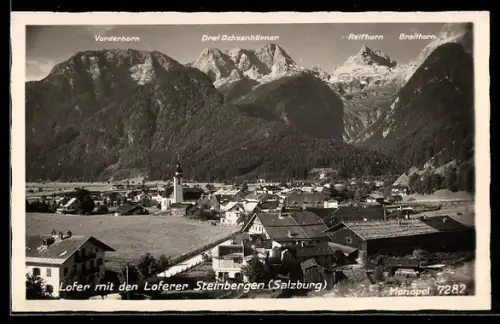 AK Lofer, Teilansicht mit den Loferer Steinbergen, Vorderhorn, Reifhorn u. Breithorn