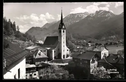AK Golling b. Salzburg, Kirche mit Gebirgspanorama