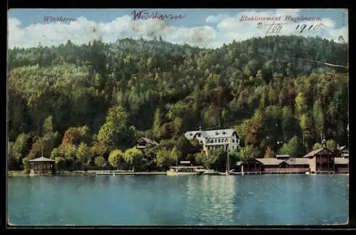 AK Wörthersee, Seepanorama mit Gasthaus Hugelmann