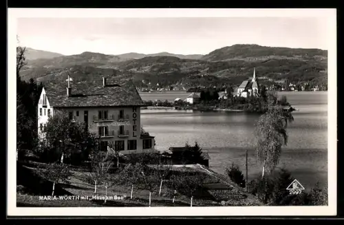 AK Maria-Wörth, Haus am See, Hotel und Kirche auf Halbinsel