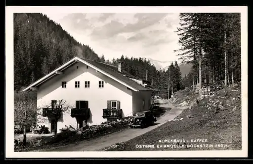 AK Böckstein, Alpenhaus und Café, Strassenansicht mit Auto