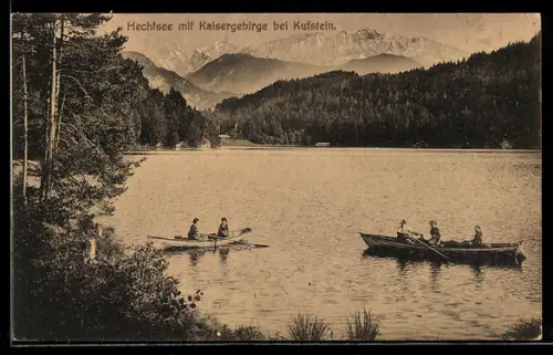 AK Kufstein, Hechtsee mit Ruderbooten und Kaisergebirge