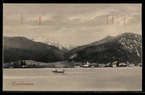 AK Walchensee, Seeufer mit Ort, Kirche und Bergpanorama