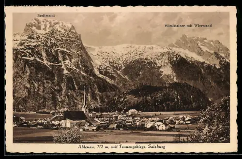 AK Abtenau /Salzburg, Panorama mit Kirche und Tennengebirge