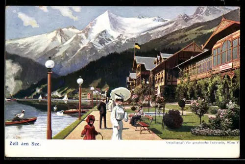 Künstler-AK Zell am See, Seepromenade mit Hotel und Bergpanorama