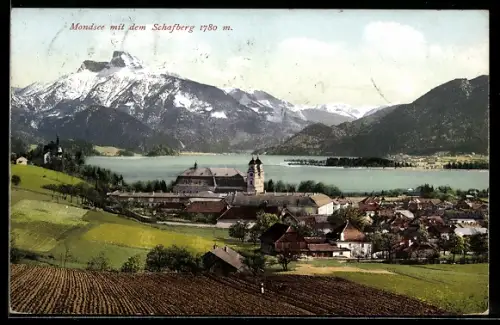 AK Mondsee, Panorama mit See und Schafberg