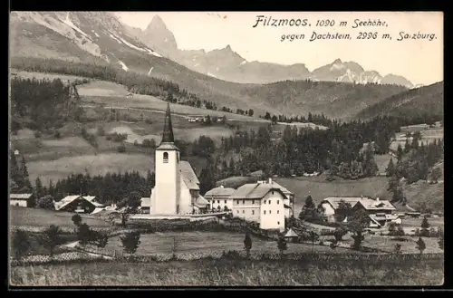 AK Filzmoos /Salzburg, Kirche und Dorf, Panorama gegen Dachstein