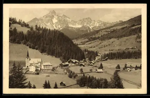 AK Filzmoos, Dorf mit Kirche und Bergpanorama