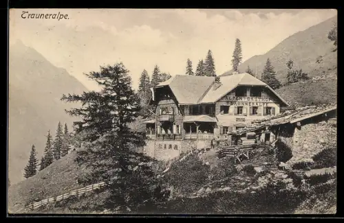 AK Bruck /Pinzgau, Trauneralpe, Alpen-Gasthaus am Berghang