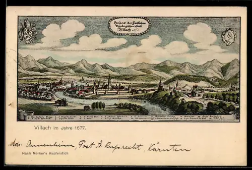 Künstler-AK Villach, Gesamtansicht aus dem Jahre 1677 nach Merian