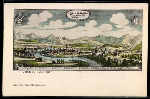Künstler-AK Villach, Gesamtansicht aus dem Jahre 1677 nach Merian