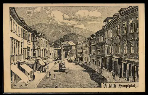 Künstler-AK Villach, Strassenpartie am Hauptplatz