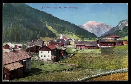 AK Klösterle am Arlberg, Ortspartie mit Kirche