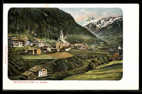 AK Gaschurn, Ort mit Kirche und Valüla-Panorama