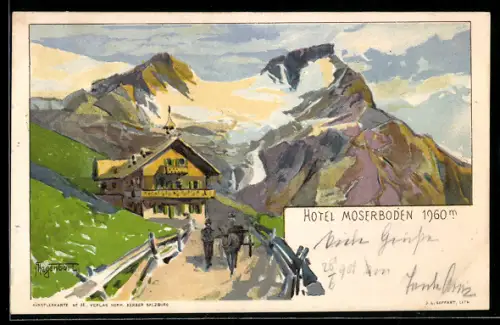Künstler-Lithographie sign. Hegenbart: Kaprunerthal, Blick zum Hotel Moserboden, Pferdekutsche