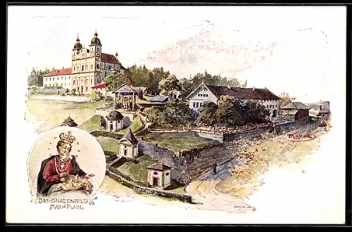 Lithographie Maria Plain, Kirche mit Gnadenbild und Ortsansicht