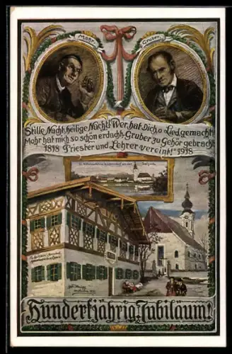 AK Oberndorf an der Salzach, St. Nikolaus-Kirche, Schulhaus, Hunderjähriges Jubiläum Stille Nacht, heilige Nacht 1918