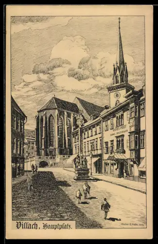Künstler-AK Villach, Hauptplatz mit Kirche