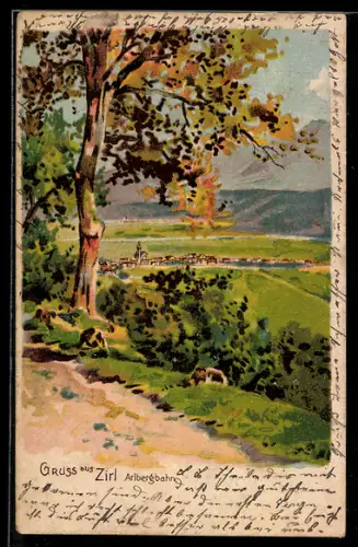 Lithographie Zirl /Arlbergbahn, Blick auf den Ort aus der Ferne