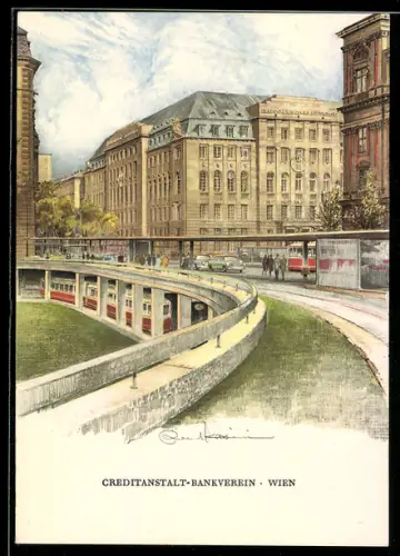 Künstler-AK Wien, Creditanstalt-Bankverein Zentrale, Schottengasse 6, Strassenbahn