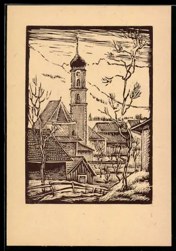 Künstler-AK Schlins, Blick zur Pfarrkirche