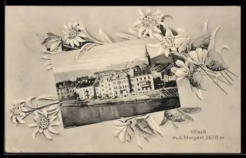 AK Villach, Uferpartie mit Mangart