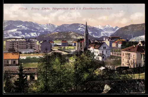 AK Villach, Evangelische Kirche, Bürgerschule und k. k. Kunsthandwerkerschule
