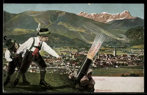 Lithographie Villach, Panorama mit Kirche, Trachtenjungen beim Kanonenschuss