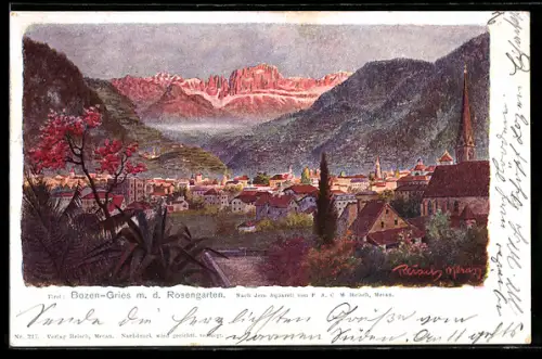 Künstler-AK F.A.C.M. Reisch: Bozen-Gries, Ortsansicht mit Rosengarten