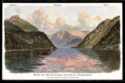 Künstler-AK F.A.C.M. Reisch: Achenkirch, Blick auf den Achensee vom Hotel Scholastika