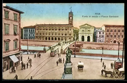 AK Pisa, Ponte di mezzo e Piazza Garibaldi, Strassenbahn
