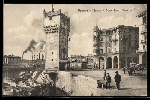 AK Savona, Piazza e Torre Leon Pancaldo, Strassenbahn