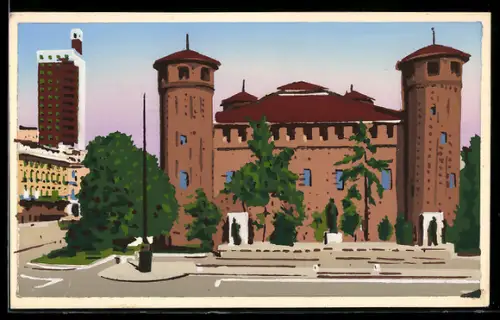 Künstler-AK Handgemalt: Torino, Piazza Castello, Schablonenmalerei