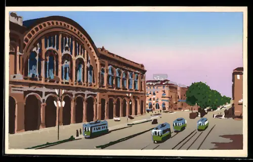Künstler-AK Handgemalt: Torino, Stazione Porta Nuova e Corso V. E. II., Schablonenmalerei