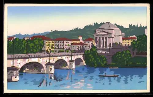 Künstler-AK Handgemalt: Torino, Ponte Vittorio emanuele, Gran Madre di Dio, Schablonenmalerei